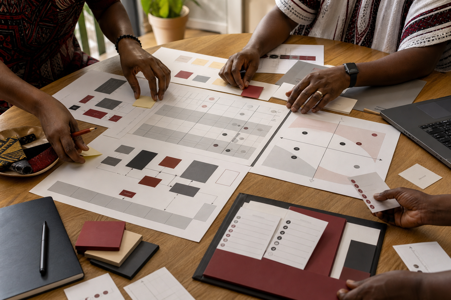 Ghanaian facilitators arranging capability matrices and workflow sheets