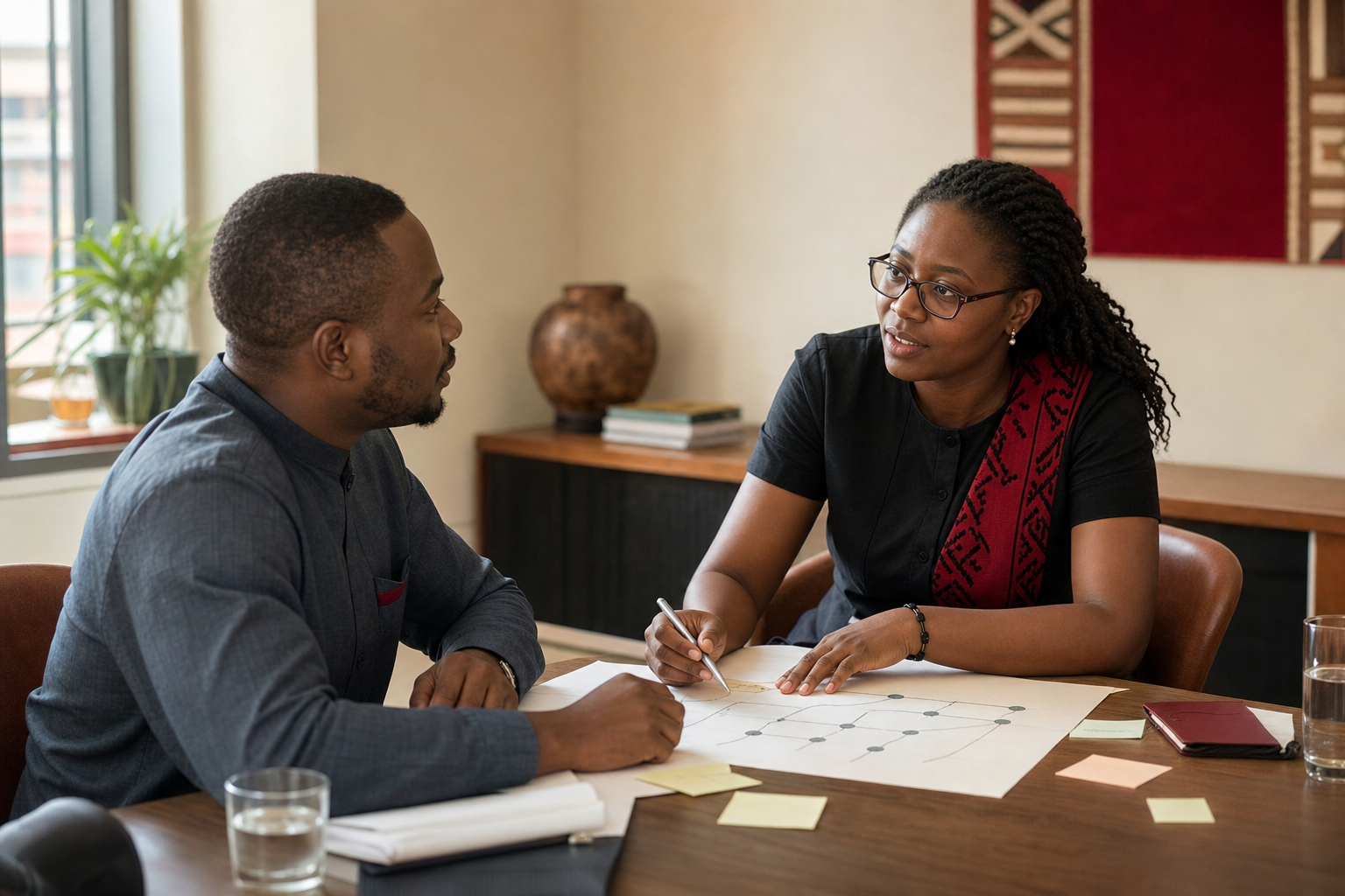 Ghanaian professionals having a focused first conversation around a route map
