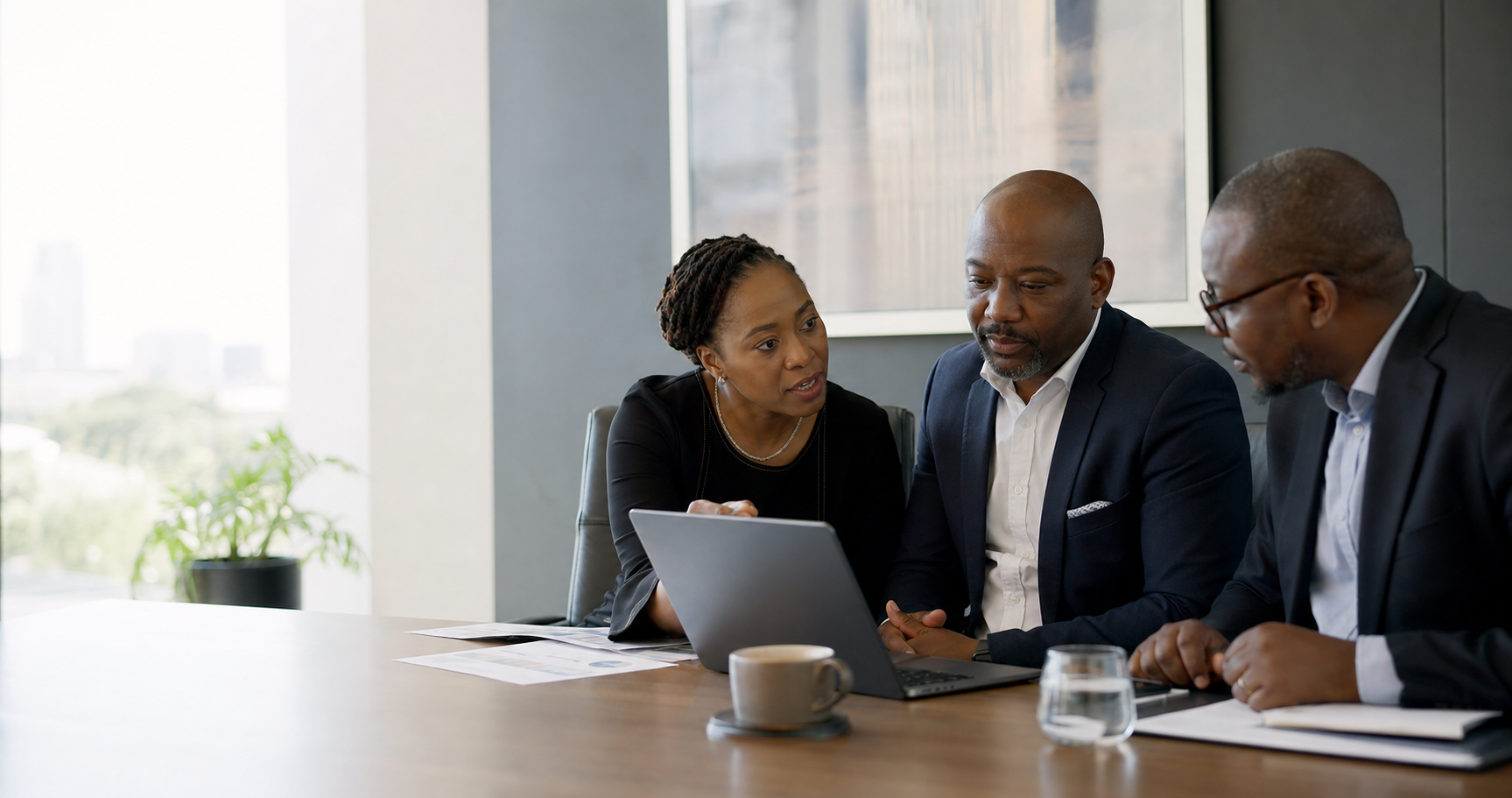Three Black African executives in a focused strategy conversation around a laptop