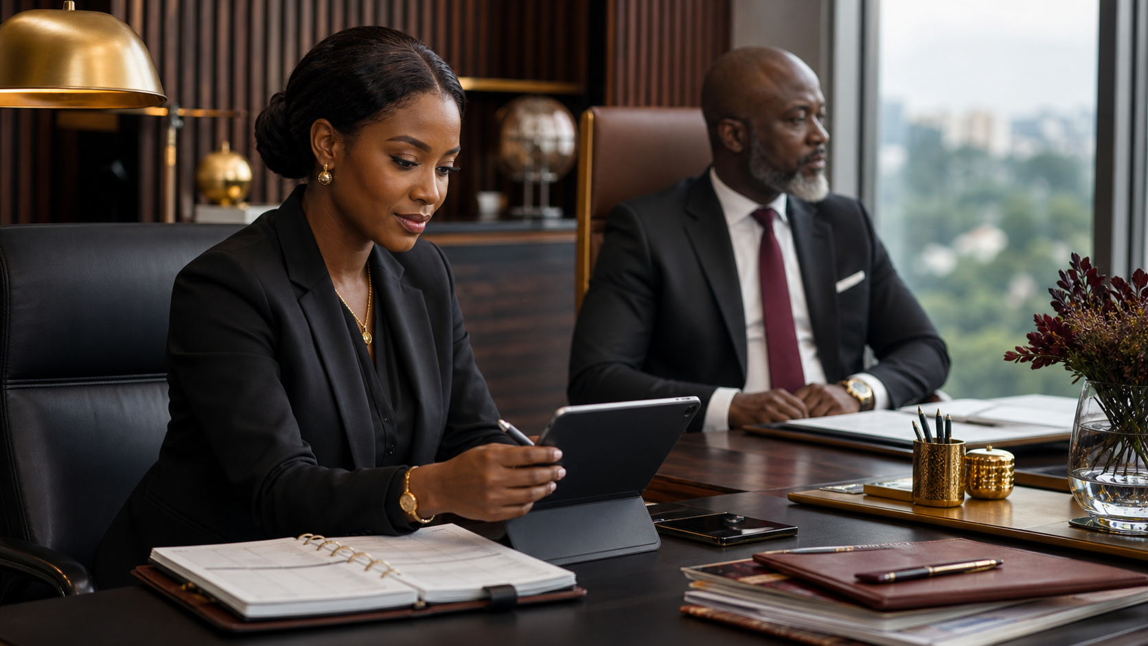 A Ghanaian executive assistant coordinating AI-assisted administrative work beside a senior executive