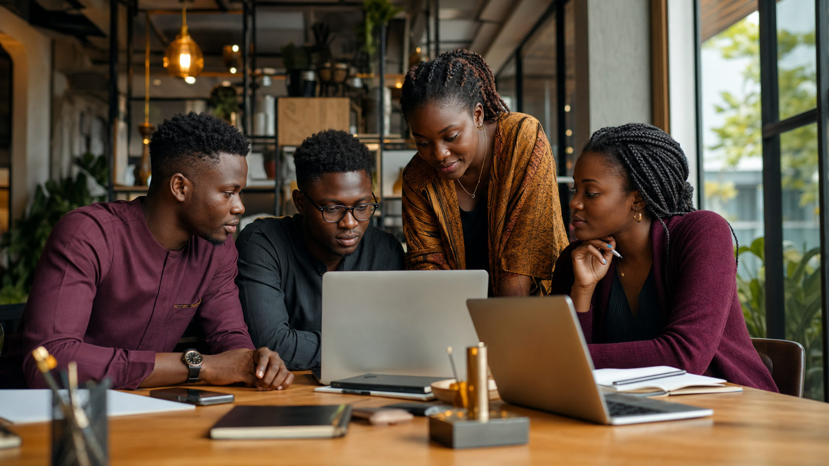 Younger Ghanaian professionals learning practical AI skills together around laptops