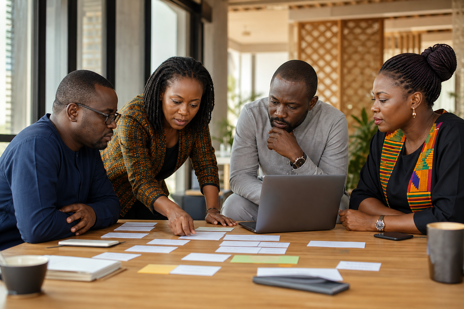 Ghanaian organizational leaders coordinating a practical workflow around a table