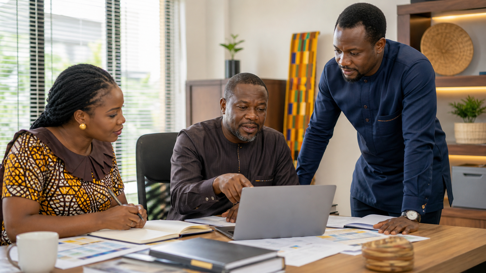 Ghanaian school leaders and educators reviewing plans together around a laptop